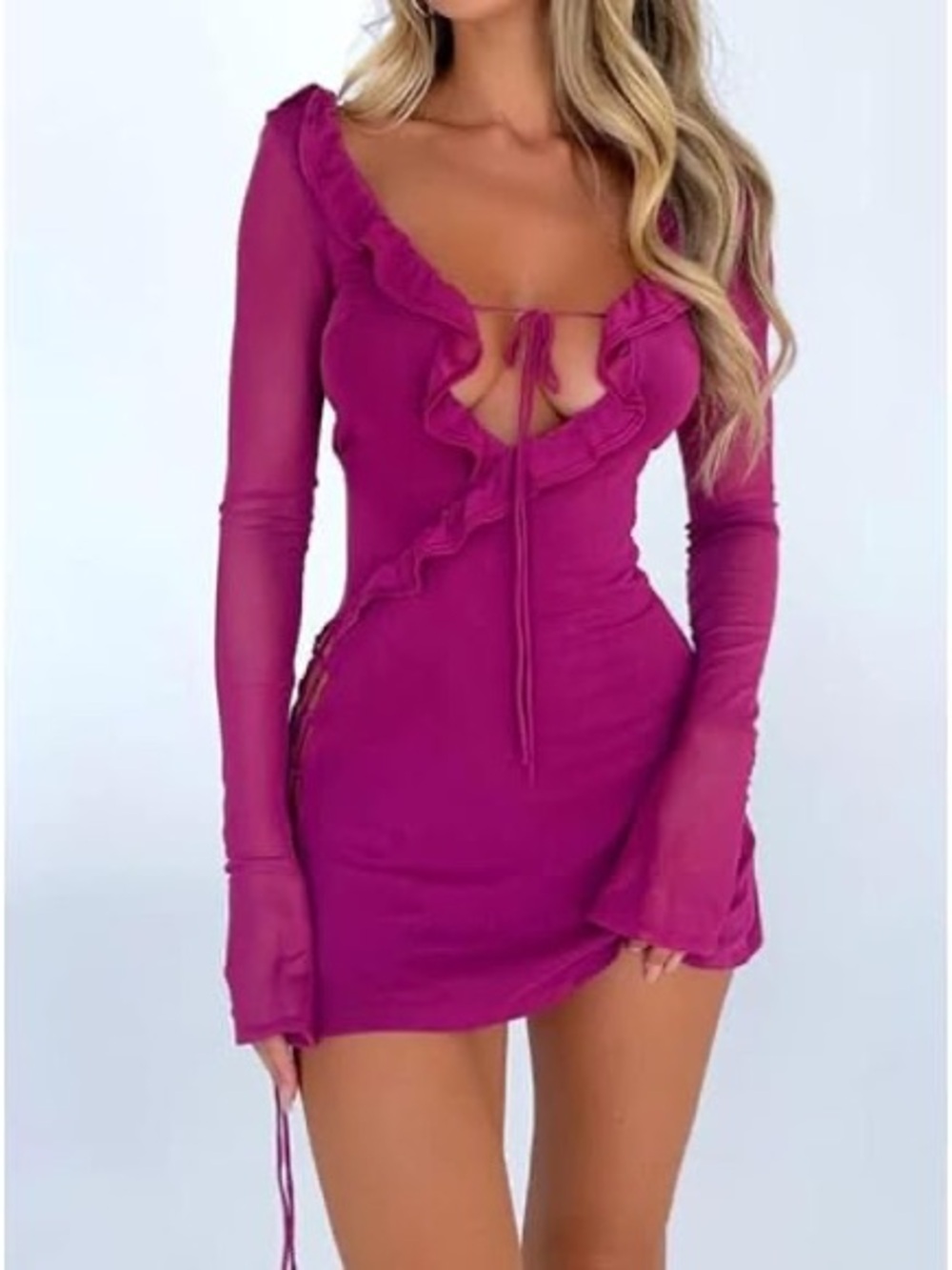 Ruffled Tie-Front Long Sleeve Bodycon Dress in Magenta